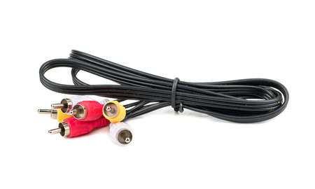 Old multicolored RCA cable on a white background