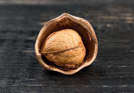 Hazelnut in shell half on a wooden backgroundの写真素材