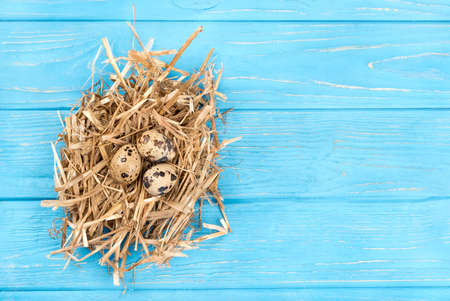 Nest with three quail eggs on wooden background, top viewの写真素材