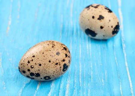 Two fresh quail eggs on a blue wooden backgroundの写真素材