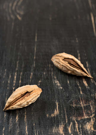 Two wild uzbek inshell almonds on an empty wooden backgroundの写真素材
