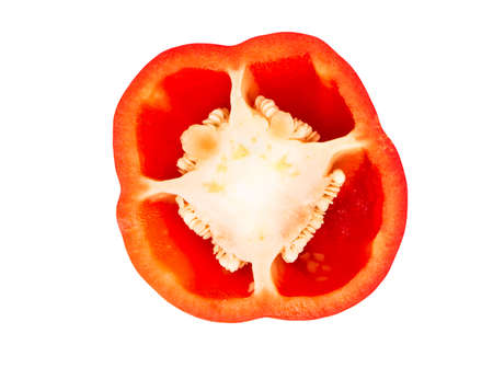 Cut half of a fresh red pepper on white background, top viewの写真素材