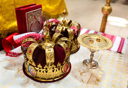 Wedding crowns in the Christian Church for the ceremonyの写真素材