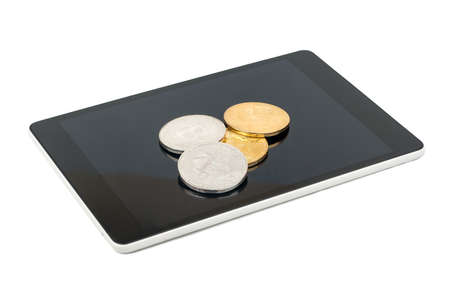 Silver and gold coins of bitcoin on the tablet on a white backgroundの写真素材