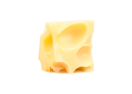 Cube of cheese with holes isolated on white backgroundの写真素材
