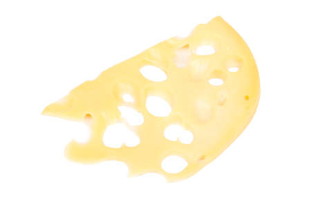 Thin slice of cheese with holes on white backgroundの写真素材