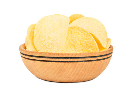 Potato chips in wooden bowl on white background