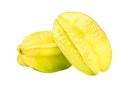 Two ripe carambola fruit on white backgroundの写真素材