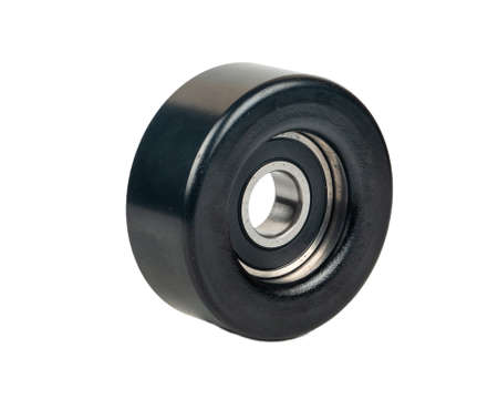Black metal car generator belt roller isolated on white backgroundの写真素材