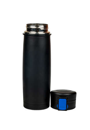 Open black sports water bottle on white backgroundの写真素材