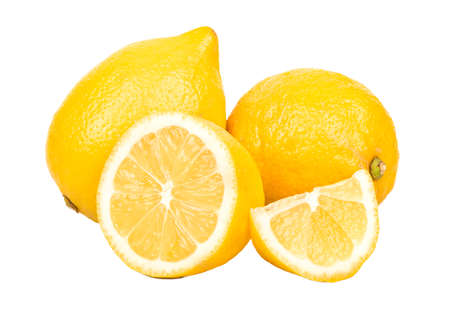 Fresh lemon with half and slice on white backgroundの写真素材