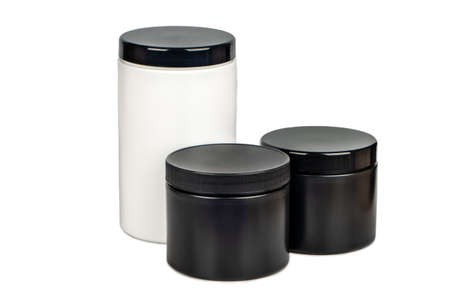 Three plastic jars isolated on white backgroundの写真素材