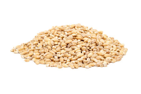 Pile of raw pearl barley on white backgroundの写真素材