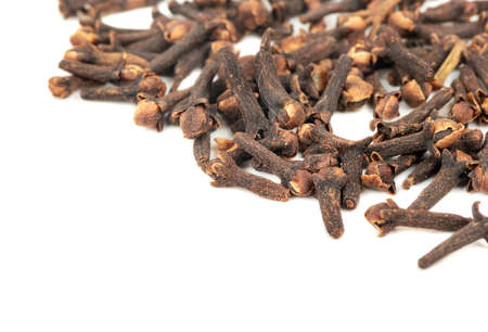 Dry cloves scattered on white backgroundの写真素材