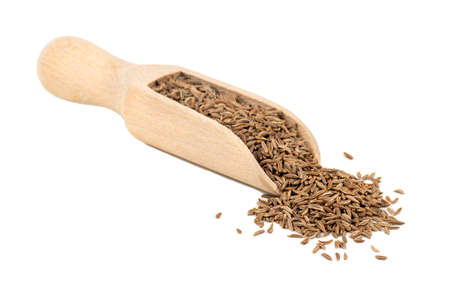 Seasoning caraway seeds in a wooden scoop on white backgroundの写真素材