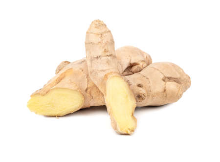 Two pieces of ginger root on white backgroundの写真素材
