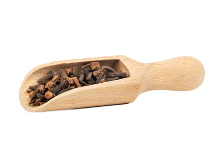 Dry cloves in a wooden scoop on a white backgroundの写真素材