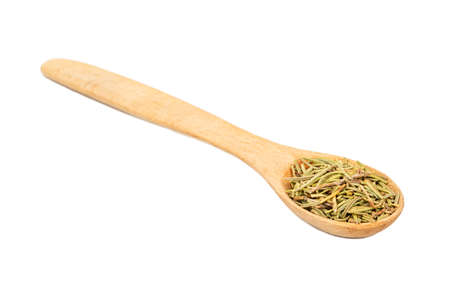 Wooden spoon with dry rosemary isolated on white backgroundの写真素材