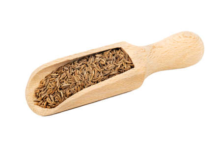 Seasoning caraway seeds in a wooden scoop on white backgroundの写真素材