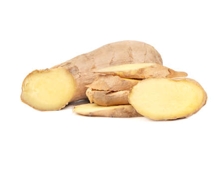 Fresh ginger root with slices on white backgroundの写真素材