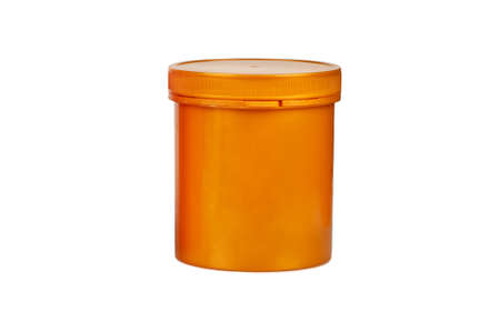 Gold plastic jar isolated on white backgroundの写真素材