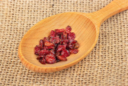 Wooden spoon with dry barberry on burlapの写真素材