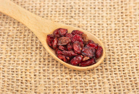 Spoon with dry barberry on burlap close-upの写真素材