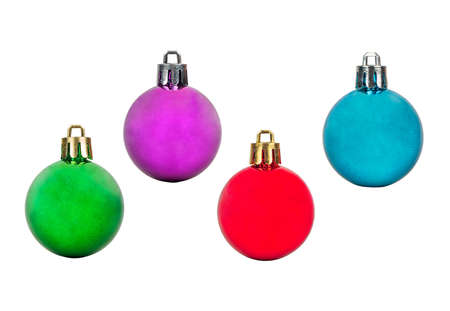 Four colored Christmas balls isolated on white backgroundの写真素材