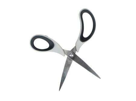 Used scissors with plastic handle on white background, top viewの写真素材