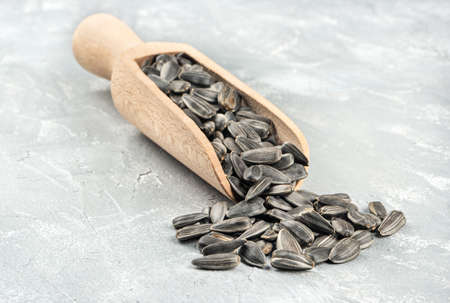 Sunflower seeds in a wooden scoop on a concrete background