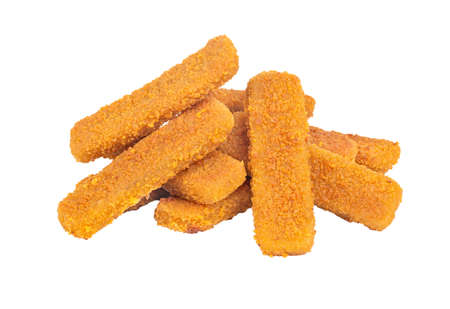 Pile of fried fish sticks in batter on white backgroundの写真素材