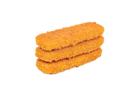 Three fish sticks in batter isolated on white backgroundの写真素材