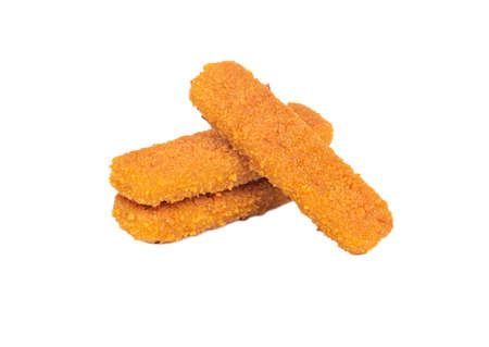 Three fish sticks in batter isolated on white backgroundの写真素材