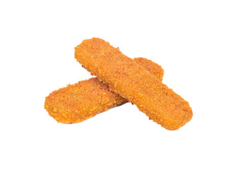 Two fish sticks in batter isolated on white backgroundの写真素材