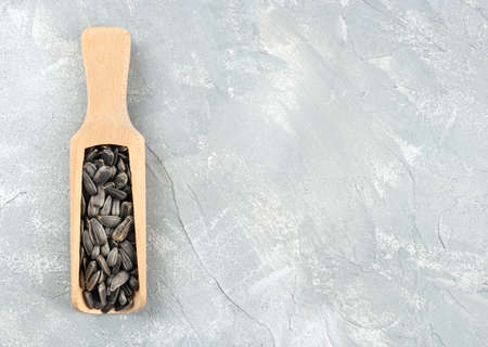 Sunflower seeds in a wooden scoop on a concrete background, top viewの写真素材