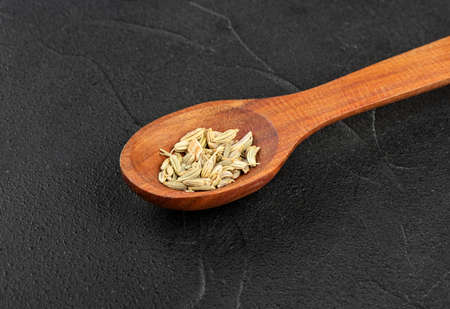 Small spoon with dry fennel on dark background, closeupの写真素材