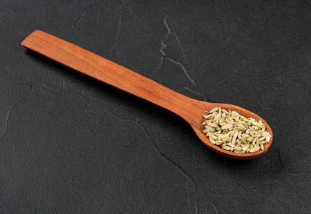 Small spoon with dry fennel on dark backgroundの写真素材