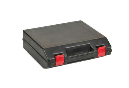 Black plastic tool box isolated on white backgroundの写真素材