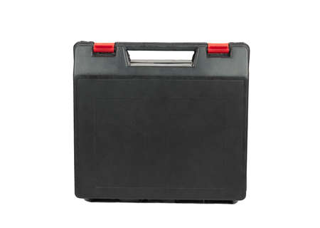 Black plastic tool box isolated on white backgroundの写真素材