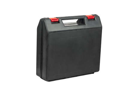 Black plastic tool box isolated on white backgroundの写真素材