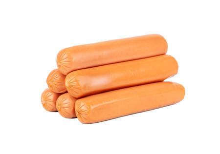 Group of fresh pork sausages isolated on white backgroundの写真素材