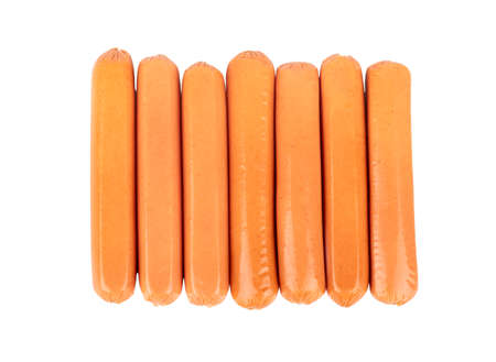 Group of fresh pork sausages isolated on white background, top viewの写真素材