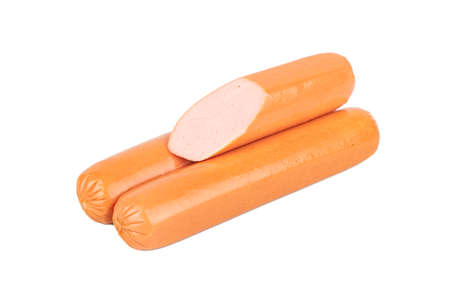 Two fresh sausages with half on a white backgroundの写真素材