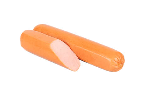 Pork sausage with half on white backgroundの写真素材