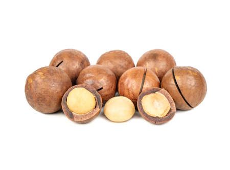 Macadamia nuts in a shell and without on a white backgroundの写真素材