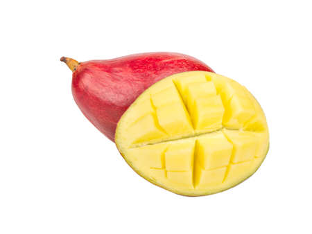 Ripe red mango with half isolated on a white backgroundの写真素材