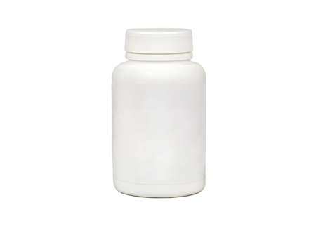 White plastic pill jar isolated on a white backgroundの写真素材