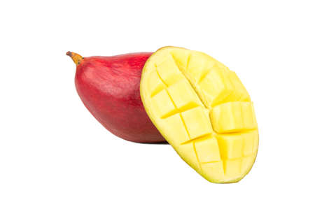 Ripe red mango with half isolated on a white backgroundの写真素材
