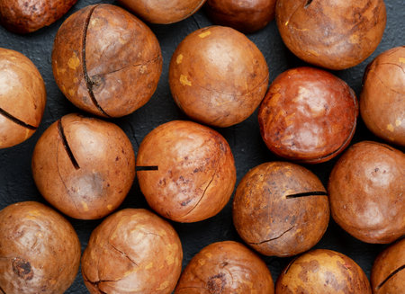 Scattered macadamia nuts in the shell close-up, top view