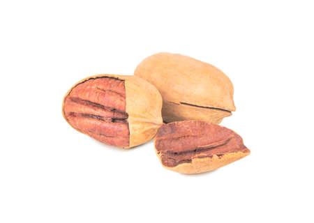 Two dry pecans in cracked shells on a white backgroundの写真素材